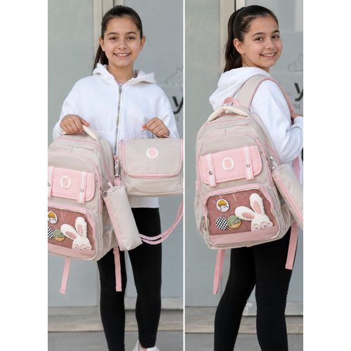 Kawaii Kore Tarz� Aksesuarl� Ve Ergonomik Okul S�rt �antas� Siyah-Bej-Gri| Beslenme, Kalemlik Set