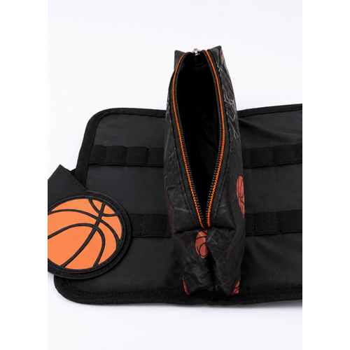 Basketbol Desenli 3'l� Okul �anta Seti S�rt �antas� Beslenme �antas� Kalemlik Siyah Turuncu