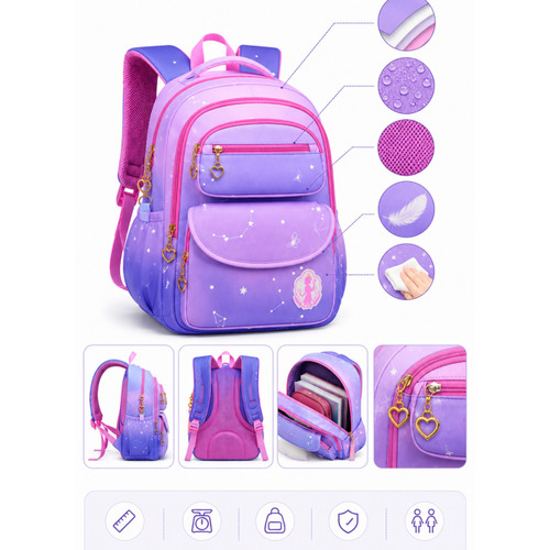 K�z �ocuk �lk��retim �antas� Ultra Hafif Ortopedik S�rt Okul �antas�  (Pembe-Lila-Mor)