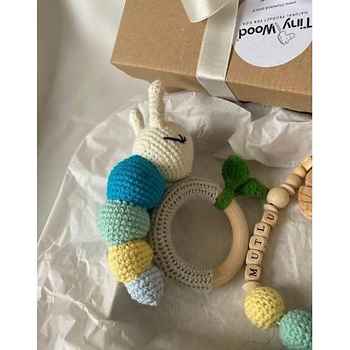 Amigurumi Sevimli Trtl Di Kayc ngrak sme zel Emzik Seti, Organik Unisex Bebek Hediyelik Mavi-Yeil