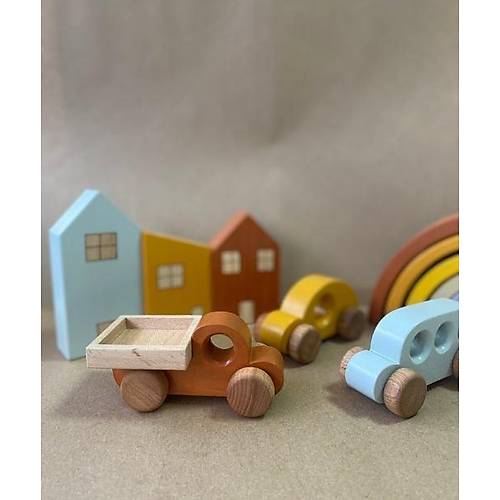 Montessori Oyuncak Ahap Ev ve Araba Seti  6l Eitici Doal Ahap Oyuncak | Tiny Wood