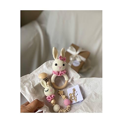Organik Yeni Do�an K�z Bebek �simli Emzik Ask�s� Hediye Seti | Pembe Tav�anc�k 2 | El Yap�m� Bebek Hediyelik