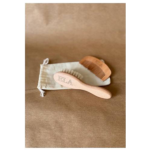 2'li Set �sme �zel %100 Ke�i K�l� Bebek Sa� F�r�as� & Mini Oval Tarak | Do�al Ah�ap Bebek Bak�m Seti