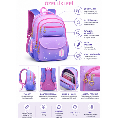 K�z �ocuk �lk��retim �antas� Ultra Hafif Ortopedik S�rt Okul �antas�  (Pembe-Lila-Mor)