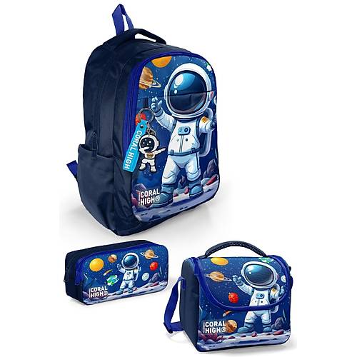 Lacivert Astronot Desenli 5?li Okul �anta Seti S�rt �antas� Kalemlik Beslenme Kab� Termos