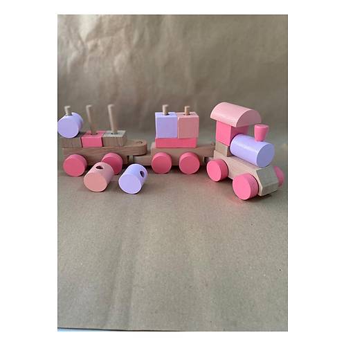 Ah�ap Bloklu E�itici Bul-Tak Tren Oyuncak Seti (Kahve Pastel Renk)