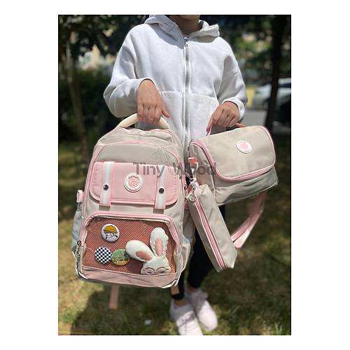 Kawaii Kore Tarz� Aksesuarl� Ve Ergonomik Okul S�rt �antas� Siyah-Bej-Gri| Beslenme, Kalemlik Set
