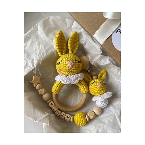 Sar� Bebek Hediyelik Tav�an Emzik Zinciri & ��ng�rak | Unisex Yeni Do�an �simli Emzik Hediye Seti | El Yap�m� Organik Bebek Hediyesi