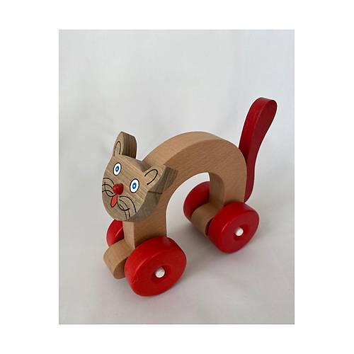 Ah�ap Oyuncak Kedi | K�rm�z� Tekerlekli Montessori Oyuncak