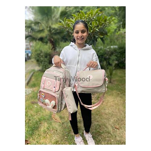 Kawaii Kore Tarz� Aksesuarl� Ve Ergonomik Okul S�rt �antas� Siyah-Bej-Gri| Beslenme, Kalemlik Set