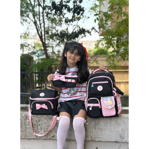 Kore Tarz� K�z �ocuk 3l� Okul �antas� Seti Siyah Pembe Aksesuarl� �lkokul �antas�