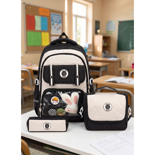 Kawaii Kore Tarz� Aksesuarl� Ve Ergonomik Okul S�rt �antas� Siyah-Bej-Gri| Beslenme, Kalemlik Set