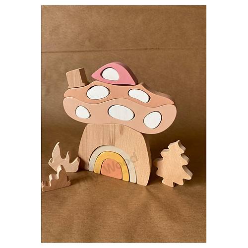 Ah�ap oyuncak Mantar Ev Puzzle E�itsel Oyuncak