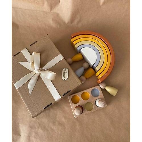 sme zel Waldorf 6 Paral Gkkua ve 6l Peg Bebek Tabla Seti  Pastel Renk Eletirme Ahap Oyuncak Kahve Pastel