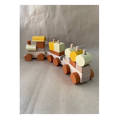 Ah�ap Bloklu E�itici Bul-Tak Tren Oyuncak Seti (Kahve Pastel Renk)