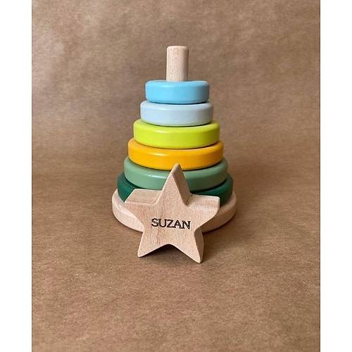 sme zel Ahap Renkli Yldz Kule | Montessori Eitici Ahap Denge Oyunca | Tiny Wood Yeil Haki