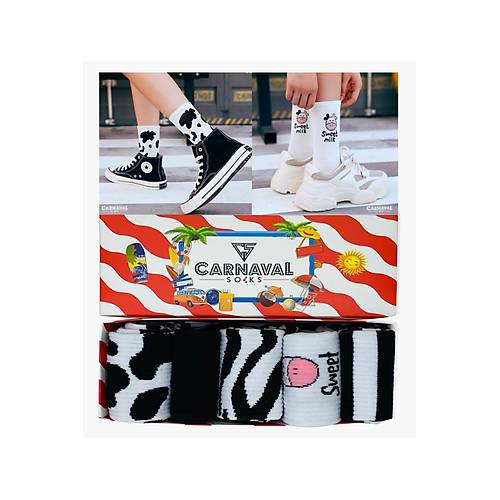 Sweet Milk 5?li Siyah Beyaz Desenli �orap Seti | Unisex Hediye Kutulu �oraplar
