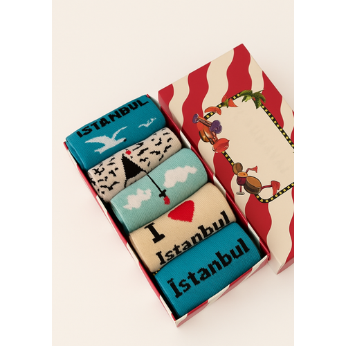 stanbul Temal 5li Renkli orap Seti | Unisex Hediye Kutulu oraplar | Doal Pamuk