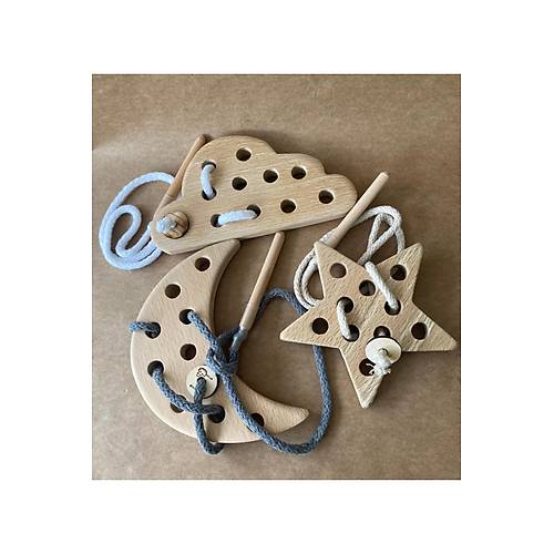 Montessori E�itici Oyuncak �p Ge�irme 3'l� G�ky�z� Seti | Ay, Bulut ve Y�ld�z Ah�ap Set | �nce Motor Becerisi Oyunca��