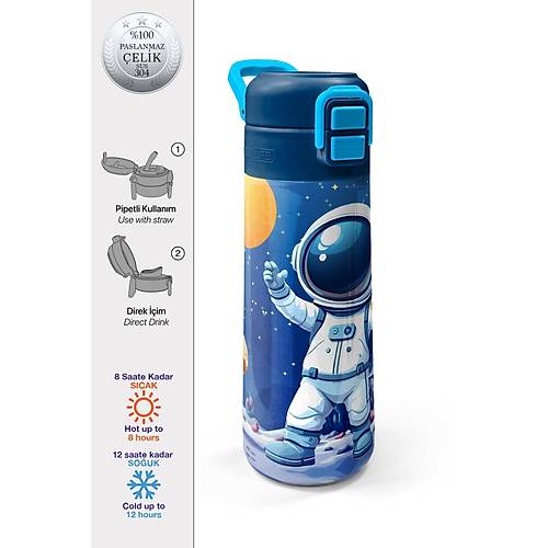 Lacivert Astronot Desenli 5?li Okul �anta Seti S�rt �antas� Kalemlik Beslenme Kab� Termos