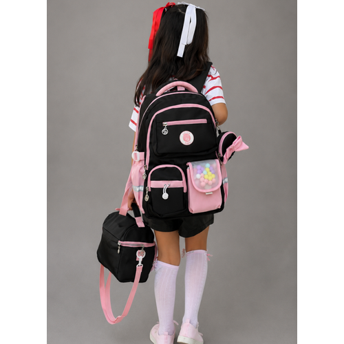 Kore Tarz� K�z �ocuk 3l� Okul �antas� Seti Siyah Pembe Aksesuarl� �lkokul �antas�