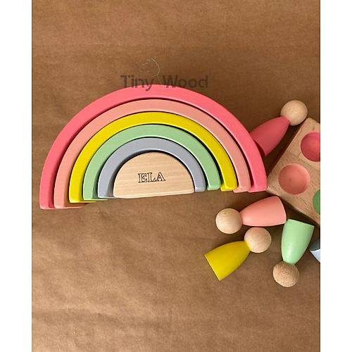 sme zel Waldorf 6 Paral Gkkua ve 6l Peg Bebek Tabla Seti  Pastel Renk Eletirme Ahap Oyuncak Pempe