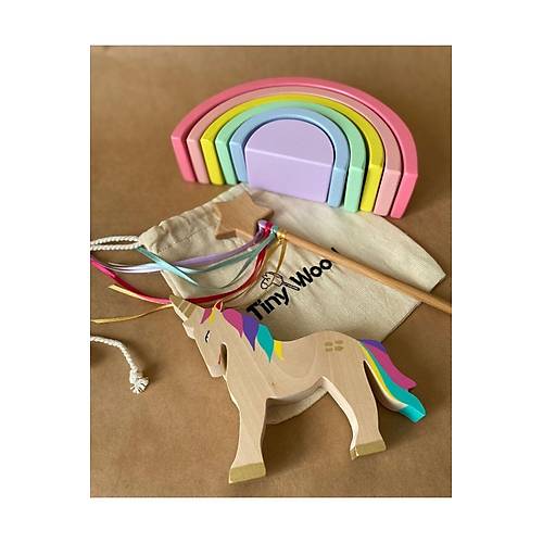 Ah�ap Waldorf Unicorn G�kku�a�� De�nek Oyuncak Seti | Do�al Masal Oyuncaklar� | El Yap�m� Waldorf Set