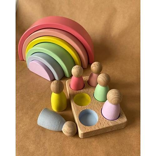 Waldorf 6 Paral Gkkua & 6l Peg Bebek Tabla Seti | Pembe Pastel Renk Eletirme Ahap Oyuncak