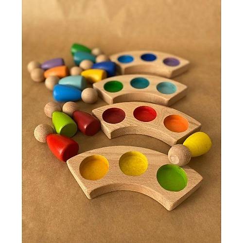 1 Ya+ Waldorf Gkkua Peg Bebek ve Tabla Seti  12li Ahap Renk Eletirme Oyunca | Montessori Eitim Oyunca