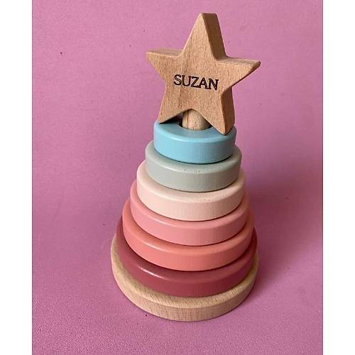 sme zel Ahap Renkli Yldz Kule | Montessori Eitici Ahap Denge Oyunca | Tiny Wood Pastel Pembe