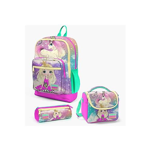 Kids Pembe Su Ye�ili Unicornlu K�z Desenli 3?l� Okul �anta Seti ilk��retim �anta Seti