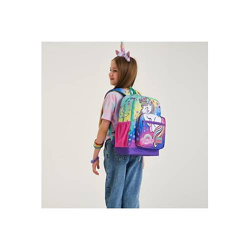 Kids Lavanta Su Ye�ili Unicorn Desenli D�rt B�lmeli Okul S�rt �antas� 23729