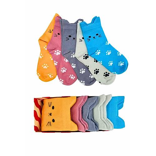 5'li Kedi �ekilli Renkli �orap Seti | Hediye Kutulu Unisex Pamuklu �oraplar