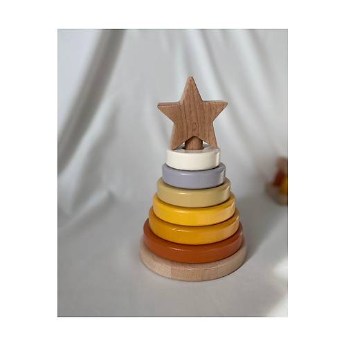 Waldorf Y�ld�z Kule Ah�ap Y�ld�z Kule Kahve Pastel Renk Ekolojik Oyuncak
