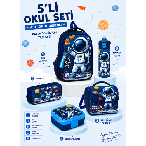 Lacivert Astronot Desenli 5?li Okul �anta Seti S�rt �antas� Kalemlik Beslenme Kab� Termos