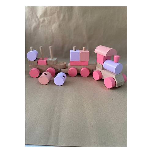 Ah�ap Bloklu E�itici Bul-Tak Tren Oyuncak Seti (Kahve Pastel Renk)