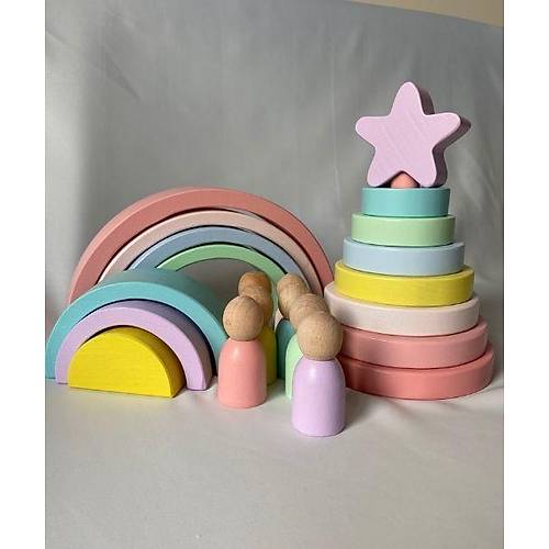 Waldorf 7 Paral Gkkua, 6l Peg Bebek Tabla ve Yldz Hanoi Kule Seti  Pastel Renk Eletirme Ahap Oyuncak