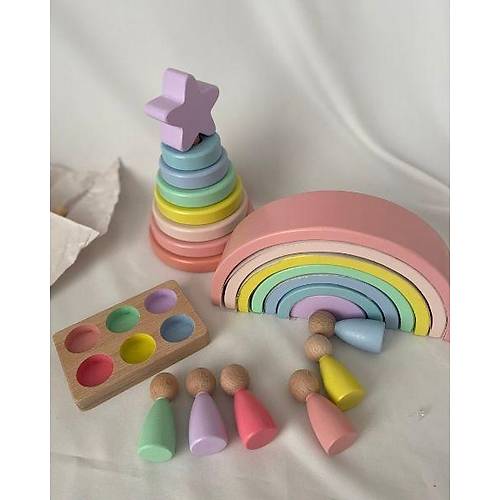 Waldorf 7 Paral Gkkua, 6l Peg Bebek Tabla ve Yldz Hanoi Kule Seti  Pastel Renk Eletirme Ahap Oyuncak