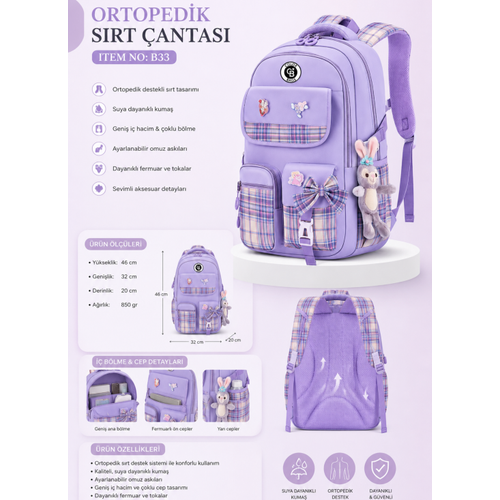 K�z �ocuk �lk��retim �antas� Ultra Hafif ilkokul / Ortaokul Okul �antas� Pembe- Pudra Ekose Cep