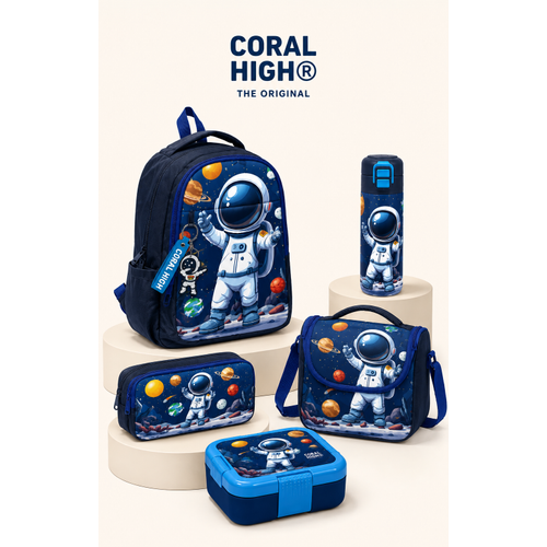 Lacivert Astronot Desenli 5?li Okul �anta Seti S�rt �antas� Kalemlik Beslenme Kab� Termos