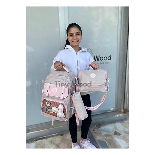 Kawaii Kore Tarz� Aksesuarl� Ve Ergonomik Okul S�rt �antas� Siyah-Bej-Gri| Beslenme, Kalemlik Set