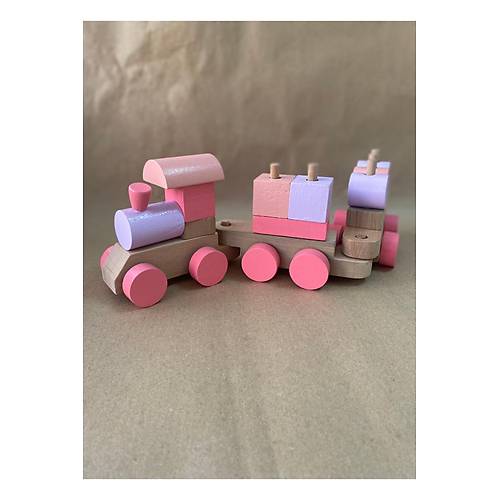 Ah�ap Bloklu E�itici Bul-Tak Tren Oyuncak Seti (Kahve Pastel Renk)