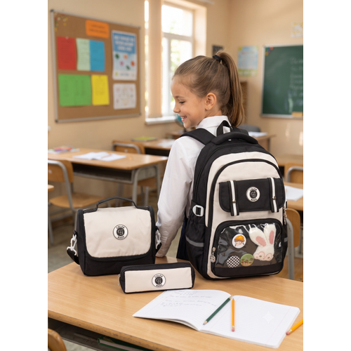 Kawaii Kore Tarz� Aksesuarl� Ve Ergonomik Okul S�rt �antas� Siyah-Bej-Gri| Beslenme, Kalemlik Set