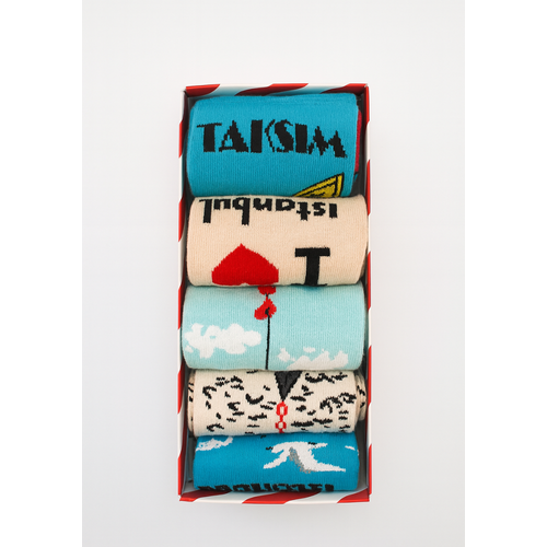 stanbul Temal 5li Renkli orap Seti | Unisex Hediye Kutulu oraplar | Doal Pamuk