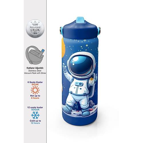 Lacivert Astronot Desenli Katlan�r A��zl�kl� �elik Termos 650 ml 38334