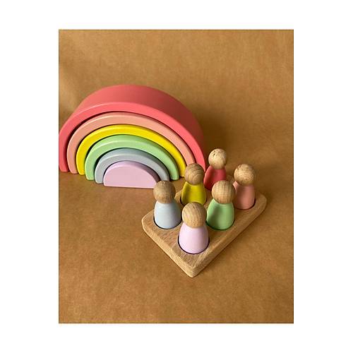 Waldorf 6 Par�al� G�kku�a�� & 6�l� Peg Bebek Tabla Seti | Pembe Pastel Renk E�le�tirme Ah�ap Oyuncak