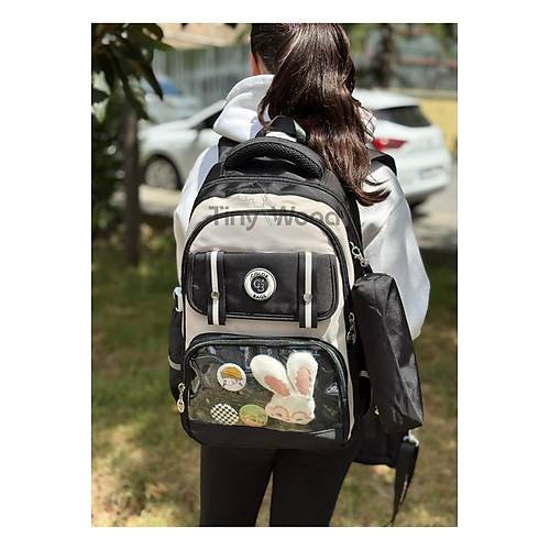 Kawaii Kore Tarz� Aksesuarl� Ve Ergonomik Okul S�rt �antas� Siyah-Bej-Gri| Beslenme, Kalemlik Set