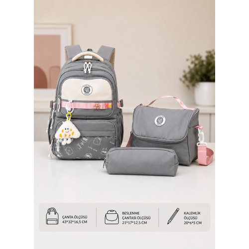 K�z �ocuk �lk��retim �antas� Ultra Hafif ilkokul / Ortaokul Okul 3 l� �anta Seti Pembe-Lila -Gri