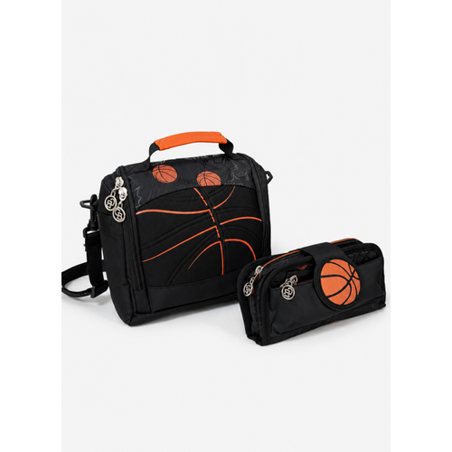 Basketbol Desenli 3'l� Okul �anta Seti S�rt �antas� Beslenme �antas� Kalemlik Siyah Turuncu
