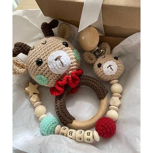 Bambi Bebek Hediye Seti | Amigurumi Emzik Zinciri & Di Kayc Krmz Bej